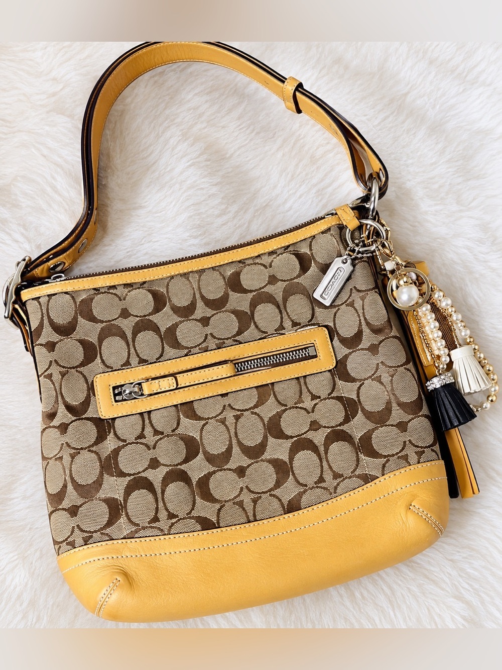 Coach Brown Signature Canvas Shoulder Bag with Tan Leather Trim